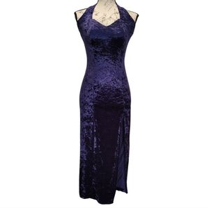 Vintage 90s Dark Purple Velvet Maxi Dress Small Halter Sweetheart Neckline Party